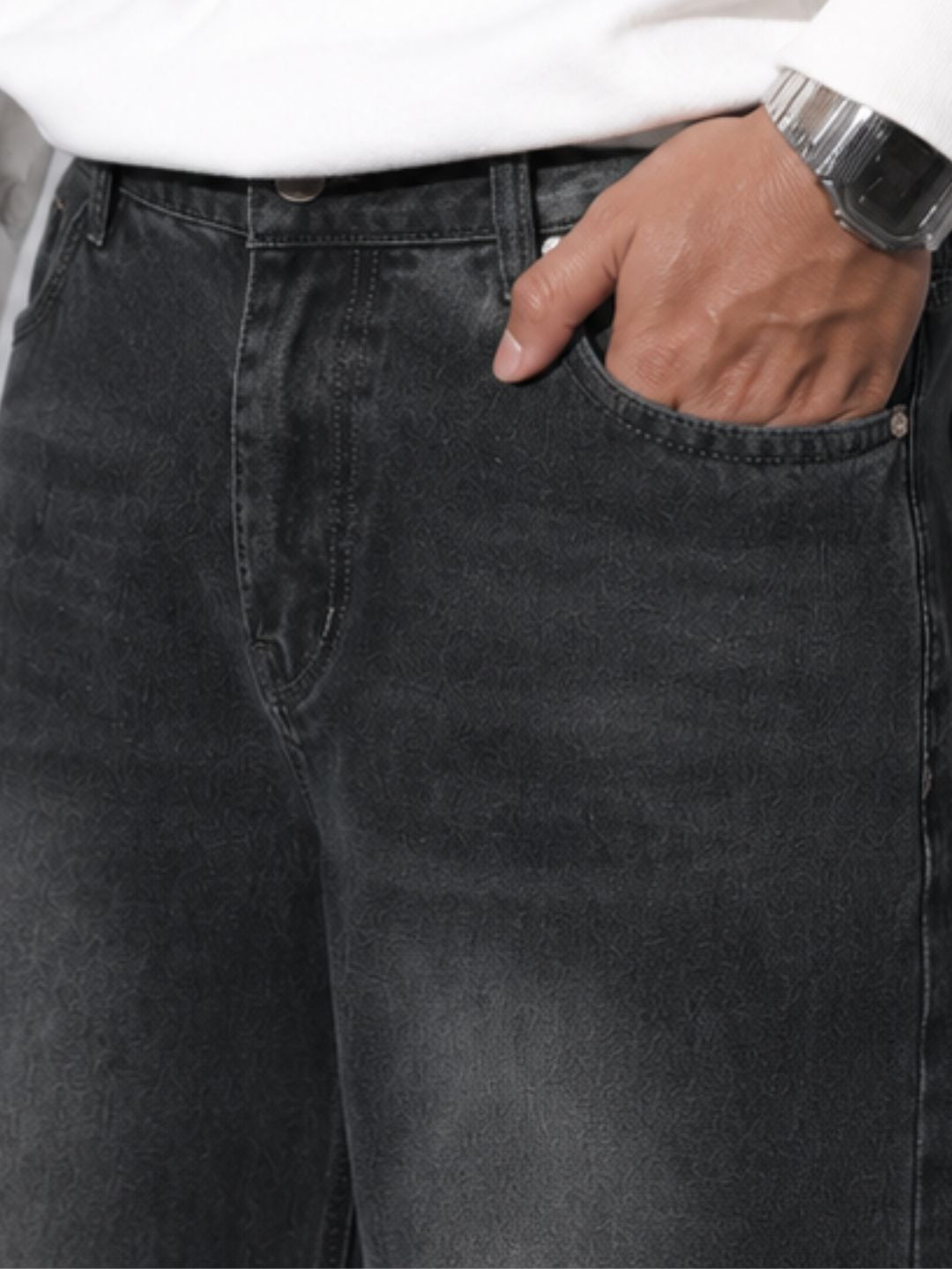Premium Men’s Lycra Stretch Baggy Whisker Wash Denim - Black