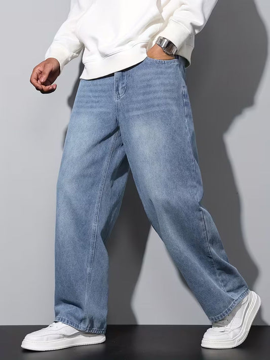 Premium Men’s Lycra Stretch Baggy Whisker Wash Denim L Blue