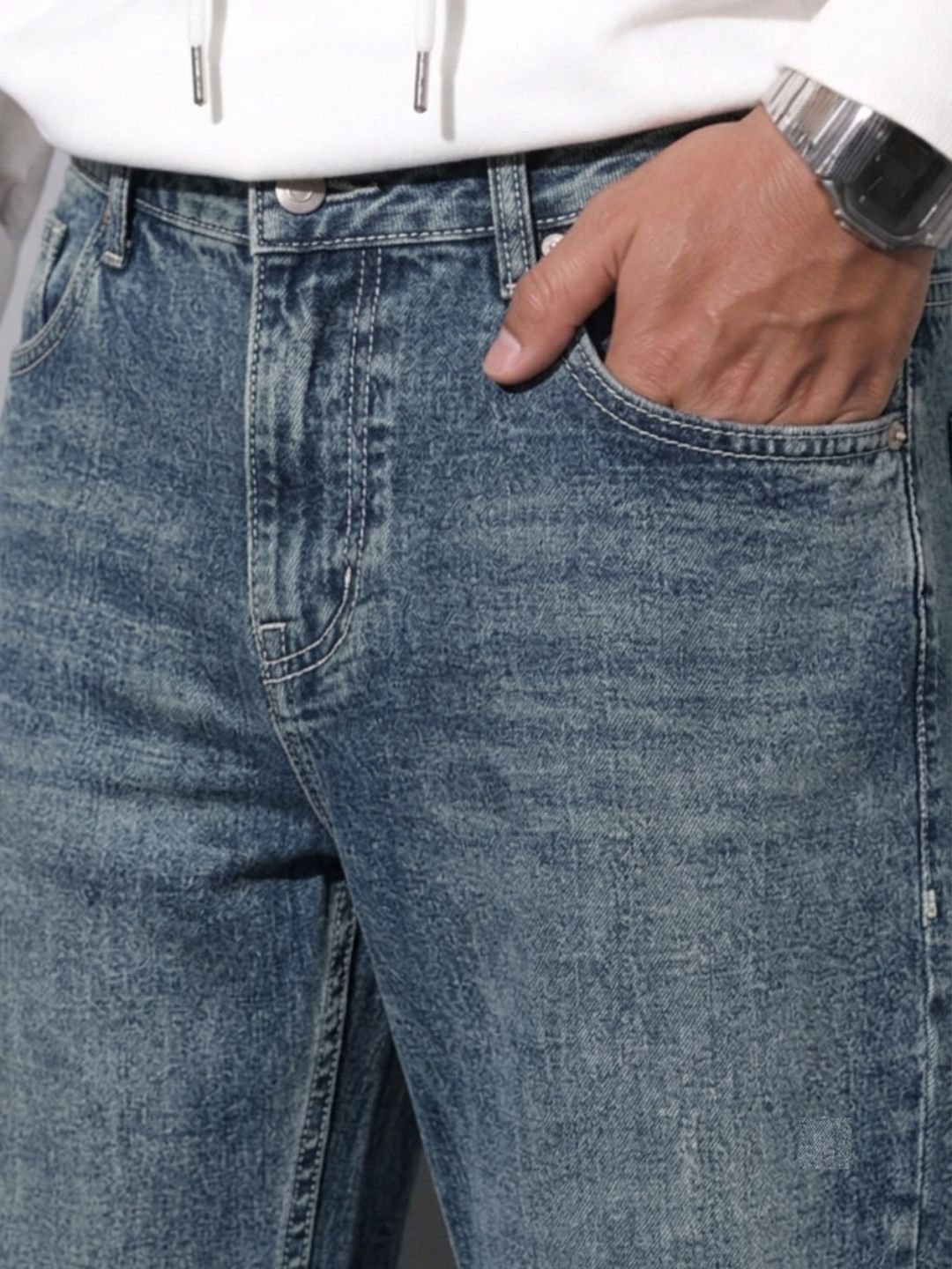 Premium Men’s Lycra Stretch Baggy Whisker Wash Denim - M Blue
