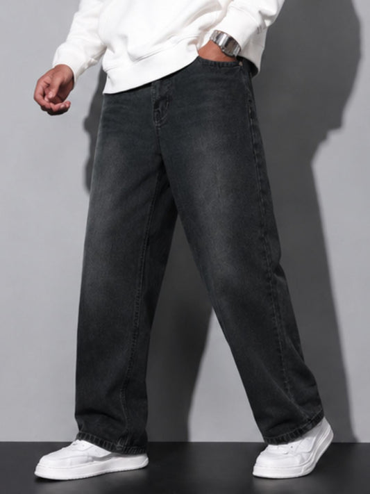 Premium Men’s Lycra Stretch Baggy Whisker Wash Denim - Black