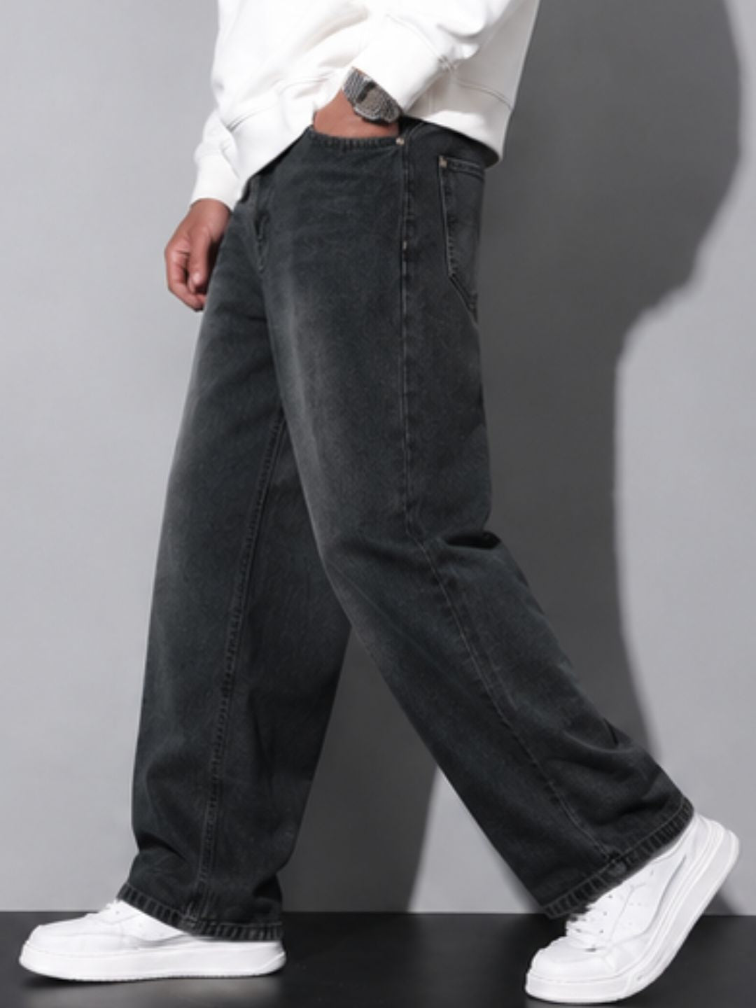 Premium Men’s Lycra Stretch Baggy Whisker Wash Denim - Black