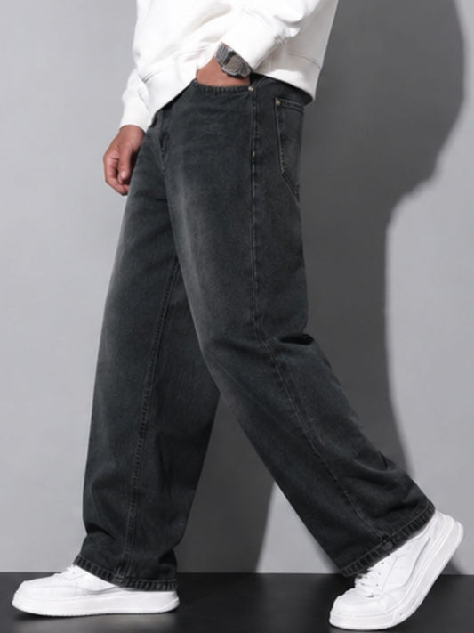 Premium Men’s Lycra Stretch Baggy Whisker Wash Denim - Black