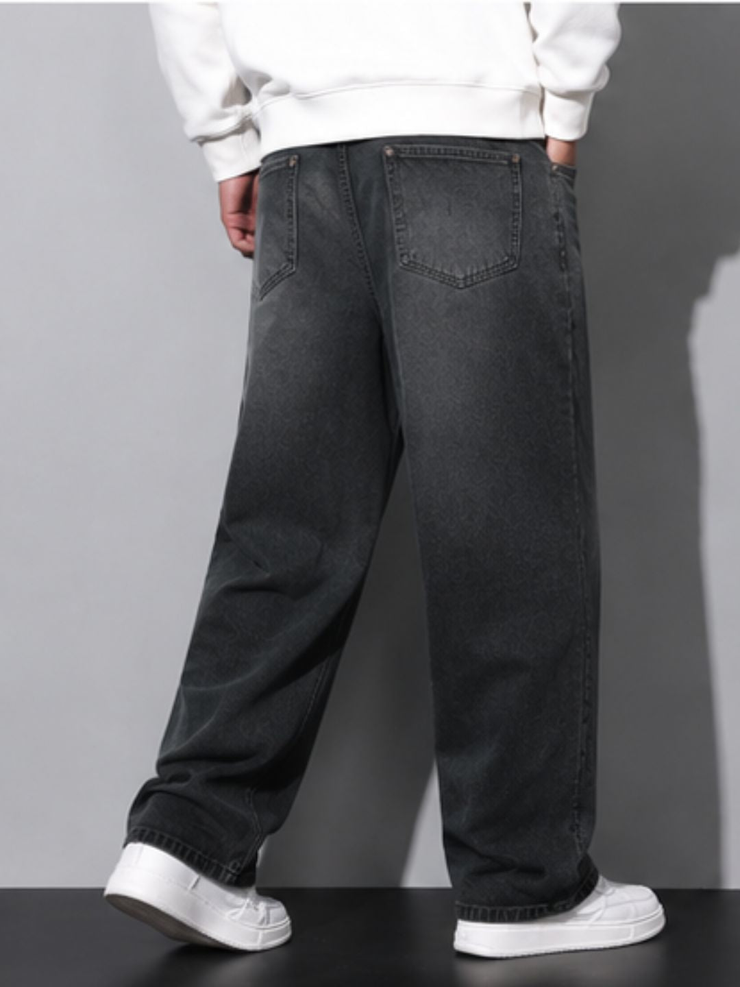 Premium Men’s Lycra Stretch Baggy Whisker Wash Denim - Black