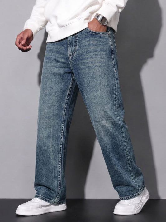 Premium Men’s Lycra Stretch Baggy Whisker Wash Denim - M Blue