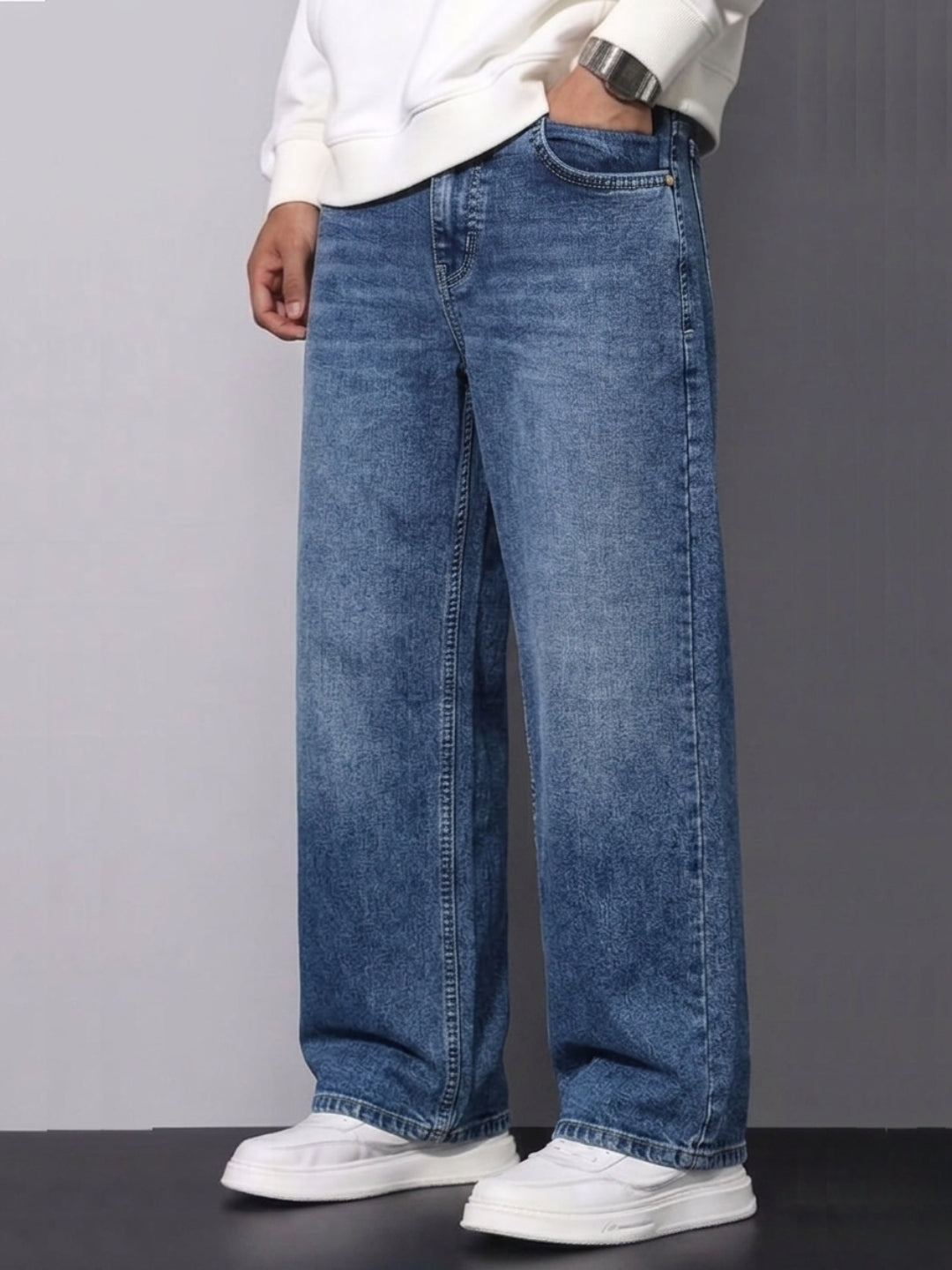 Premium Men’s Lycra Stretch Baggy Whisker Wash Denim Blue
