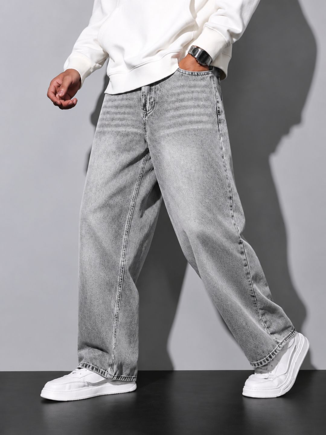 Premium Men’s Lycra Stretch Baggy Whisker Wash Denim - LGray