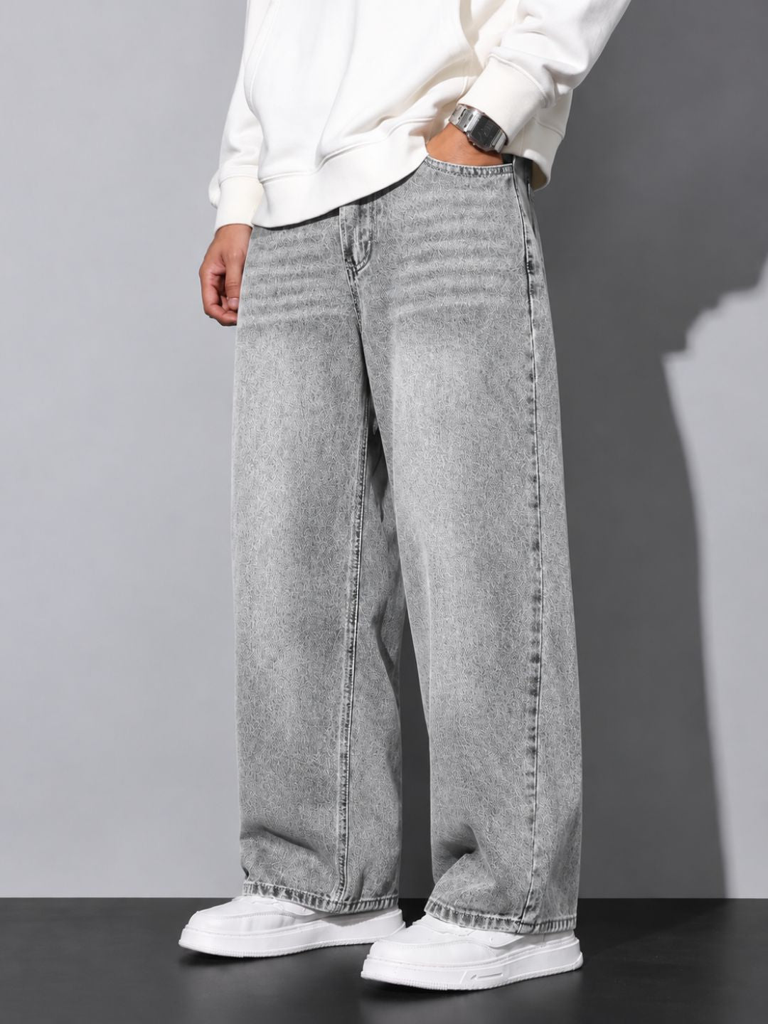 Premium Men’s Lycra Stretch Baggy Whisker Wash Denim - LGray