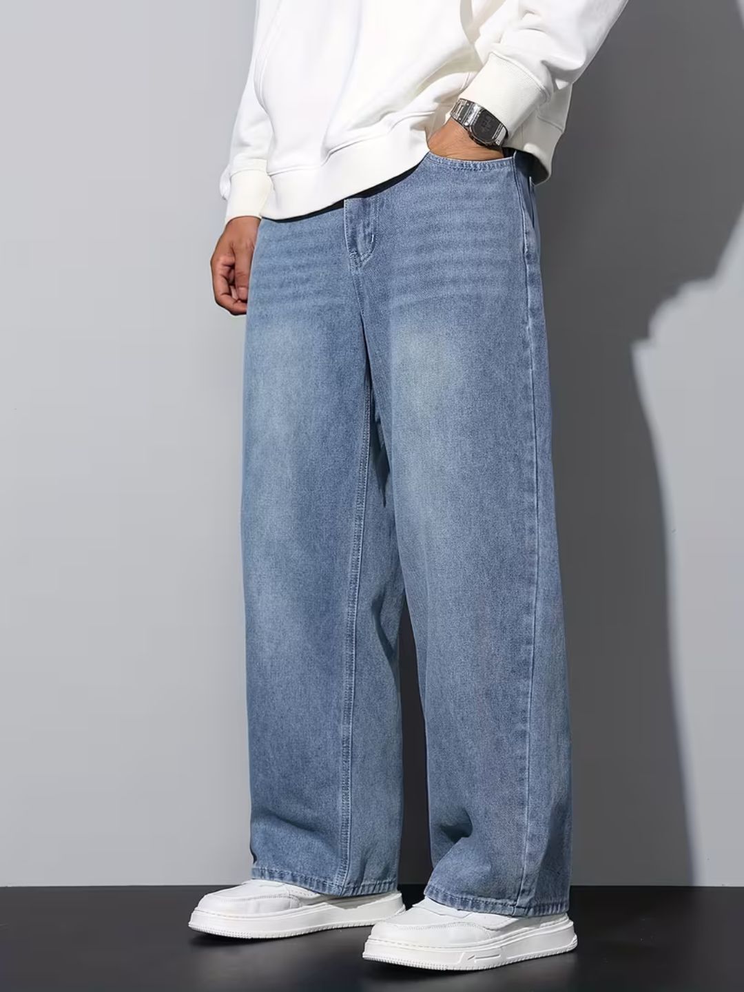 Premium Men’s Lycra Stretch Baggy Whisker Wash Denim L Blue