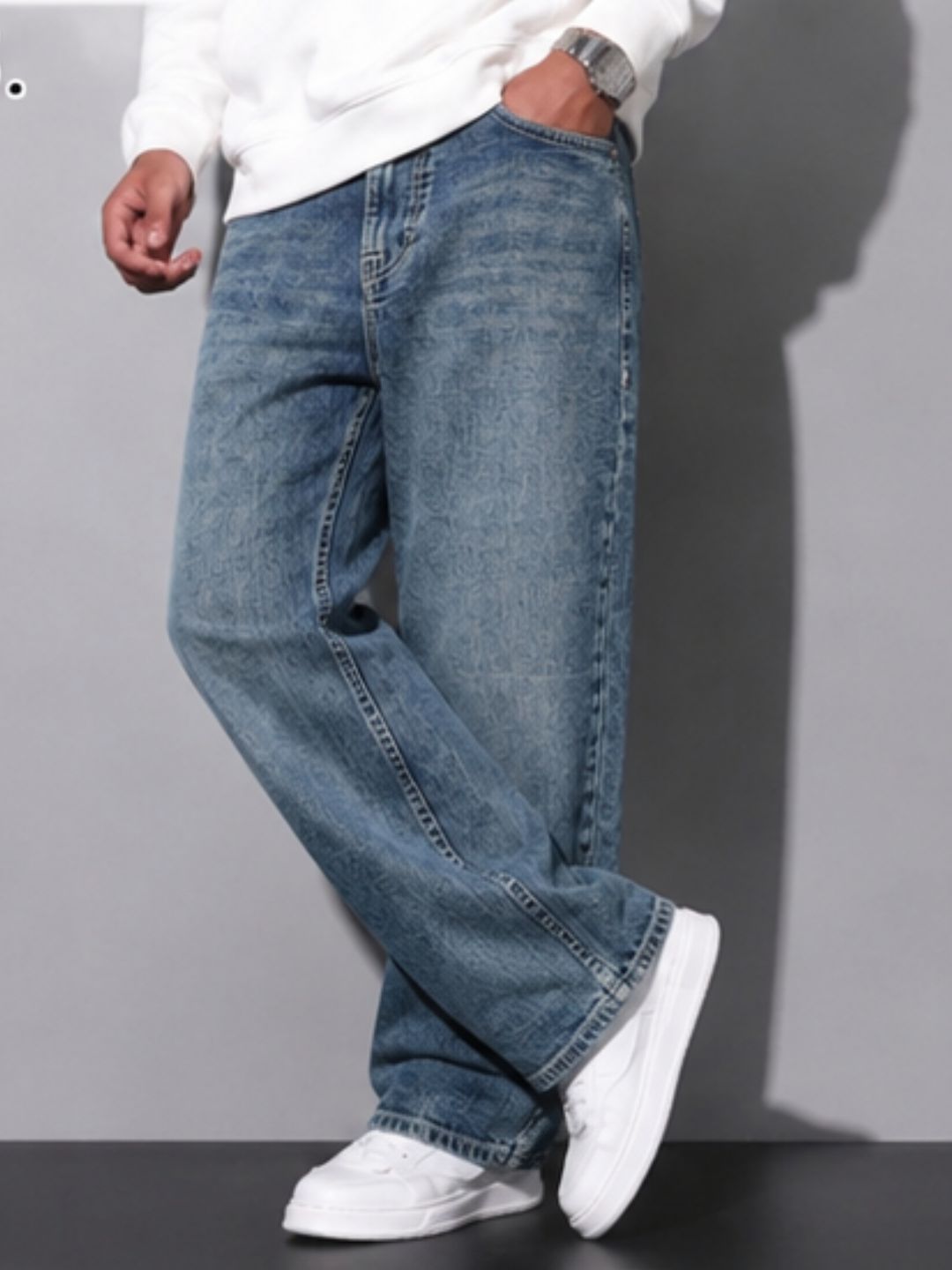 Premium Men’s Lycra Stretch Baggy Whisker Wash Denim - M Blue