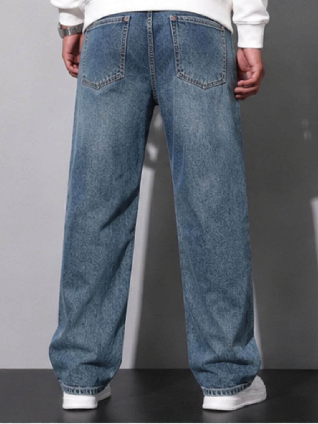Premium Men’s Lycra Stretch Baggy Whisker Wash Denim - M Blue