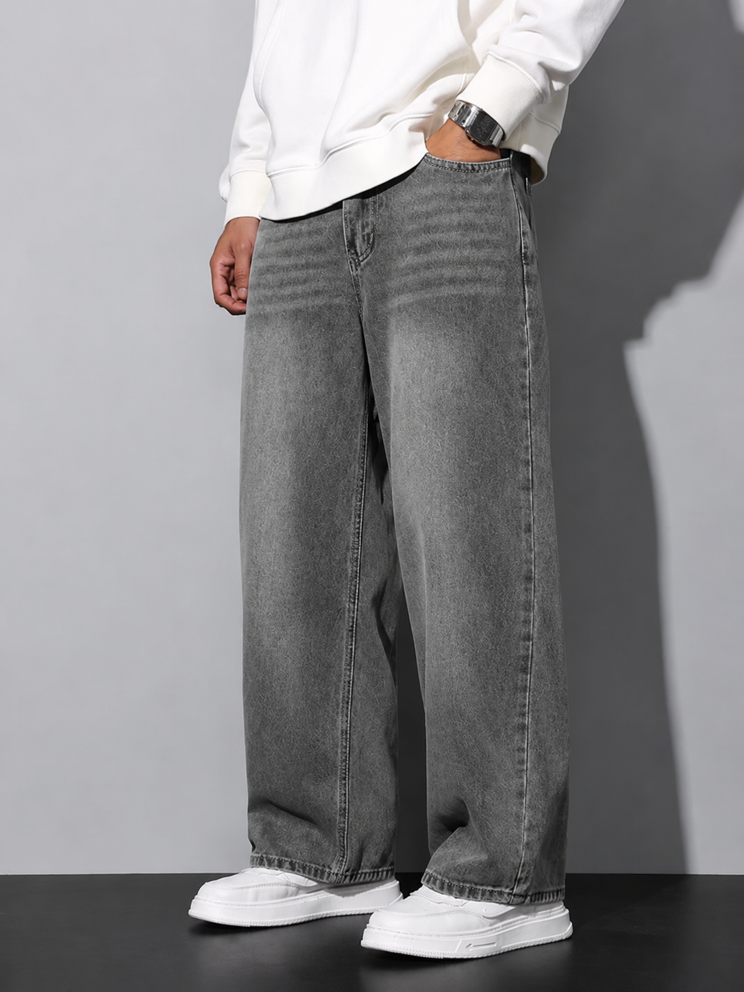 Premium Men’s Lycra Stretch Baggy Whisker Wash Denim
